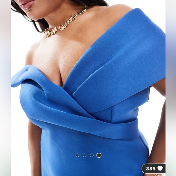 ASOS DESIGN Curve off shoulder scuba midi dress with pleat bust in blue size 18 - Picture 3 of 4